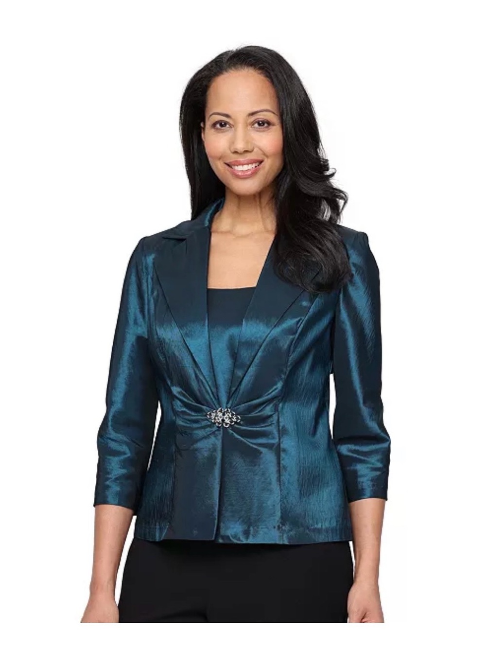 New With Tags Alex Evenings Women's Teal Evening Jacket with Decorative Brooch